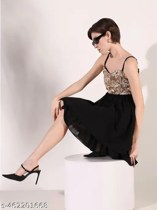 Women's Black Solid Fit and Flare Dress