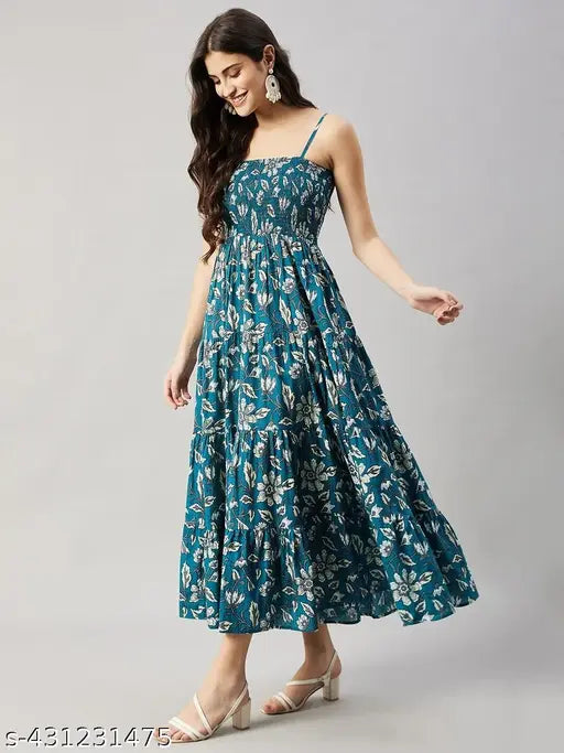 Women Floral Printed Tiered Blue Dress | Casual Flared Maxi Dress for Women |