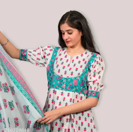 Indian Ethnic white blue Kurta Using  jacket Pattern design with Pant & Dupatta,  Readymade Casual Wear & Party Wear Kurta pant with Dupatta Stitched For Womens in cotton