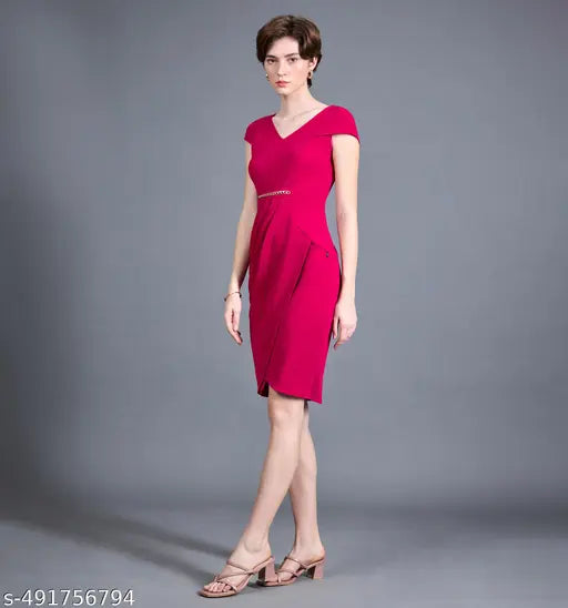 Miss Chase  Women's Pink Solid V Neck Cap Sleeves Polyester Side Pocketed Knee Long Dress