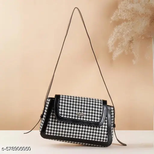 Berrylush Women Black & White Houndstooth Printed Polyester Zipper-Up Embellished Sling Bag
