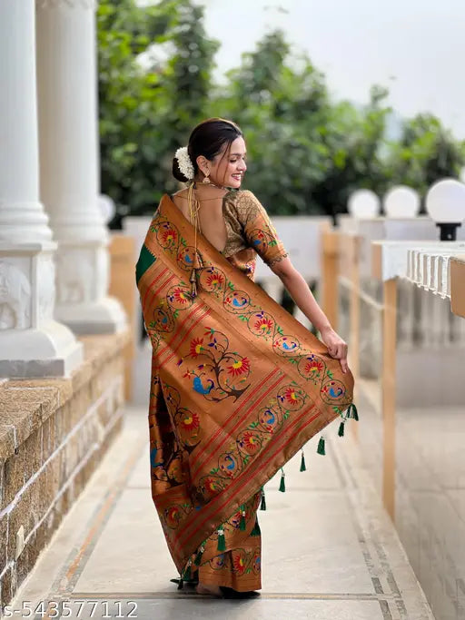 Women's Soft Paithani Silk Meenakari Zari Weaving Saree With Contrast Blouse Piece