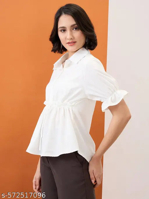 Globus Women White Shirt Collar Puff Sleeves Solid Waist Tie-Up Workwear Peplum Top