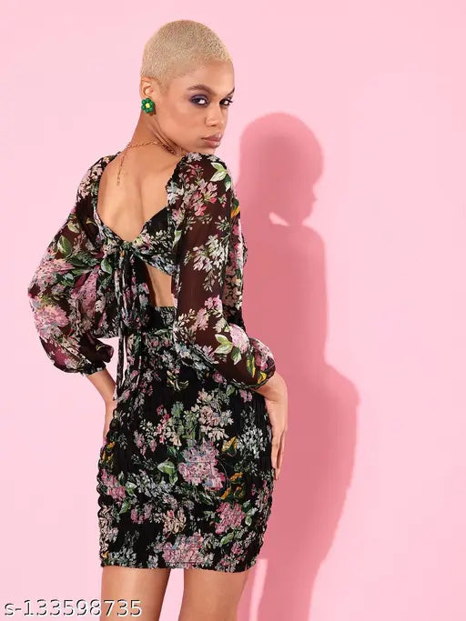 Women Stunning Black Floral Bustier Dress