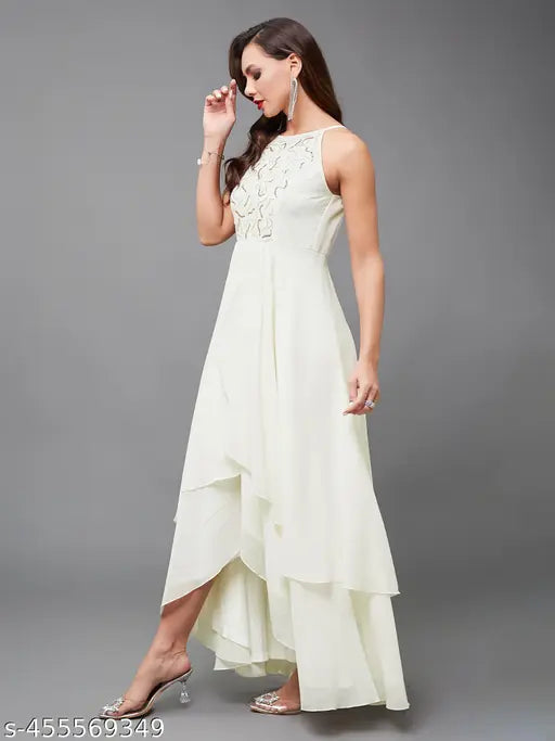 Miss Chase Women's Off White Round Neck Sleeveless Solid Embellished Maxi Dress