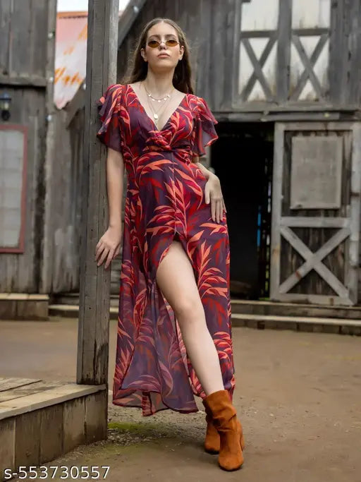 Globus Women Brown Neck Strappy Flutter Sleeves Tropical Printed Front Slit Fit & Flare Maxi Party Dress