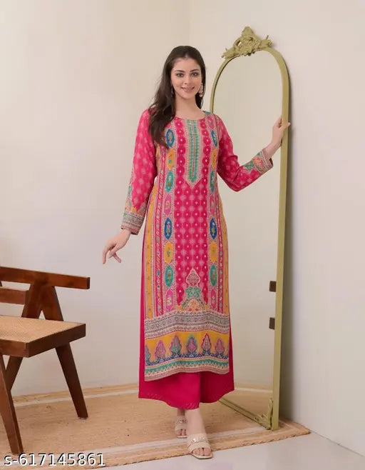 Anni Designer Women's Rayon Viscose Pink Straight Printed Kurta Set | 2-Piece Daily Wear Suit with Palazzo| Stylish Office Wear Ethnic Rayon Dress