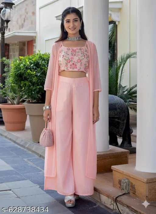 Embroidered Crop Top with Palazzos & Shrug