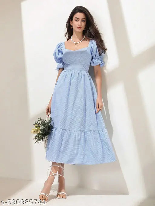 Honky Tonky Blue Striped Puff Sleeve Maxi Dress with Tie-Back