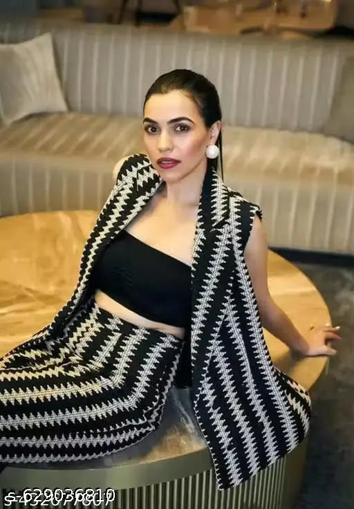 Black Latest Design Zig Zag Crochet Set Top  with  Palazzo  and  Jacket