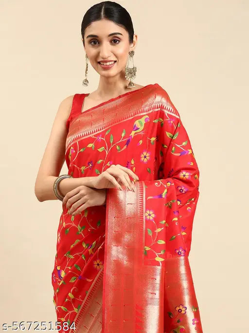 Women's Kanjeevaram Paithani Silk Saree With Unstitched Blouse Piece