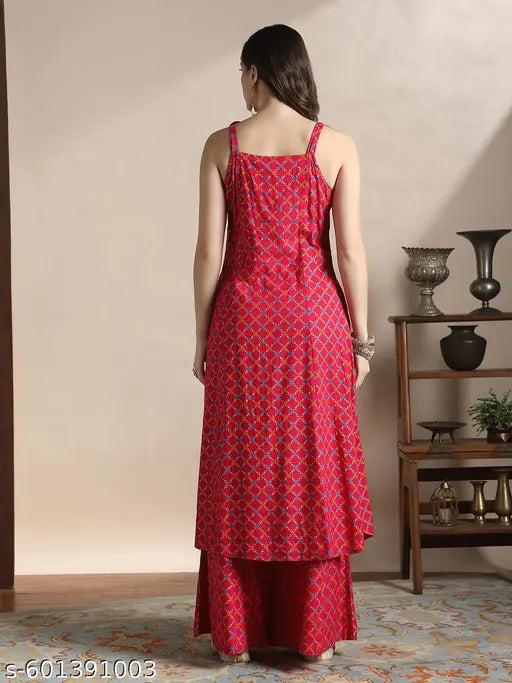 Globus Women Pink Coin Detail Tie-Up Shoulder Straps Embroidered Yoke Ethnic Foil Print Front Slit A-Line Kurta & Palazzos Festive Set