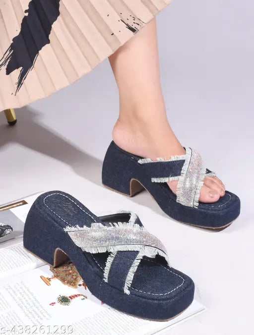 JM Looks Women's Frayed Denim Cross-Strap Platform Sandals
