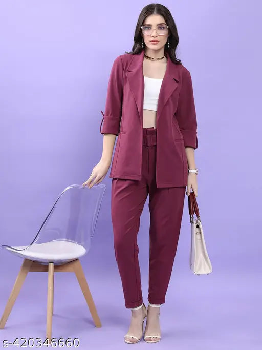 Ketch Women Purple Blazer With Trousers Co-Ords