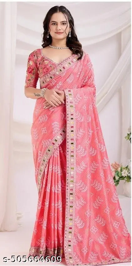 Women's Vichitra silk print Embroidery saree with mono banglory Blouse