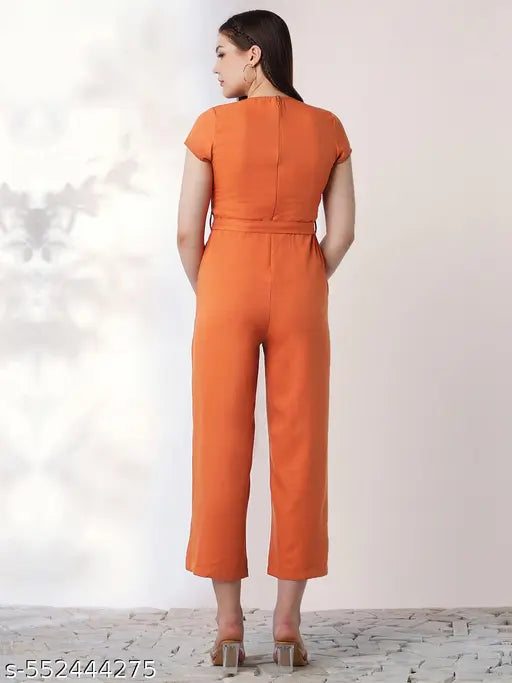 Globus Women Rust Wrap V-Neck Short Sleeves Belted Long Jumpsuit