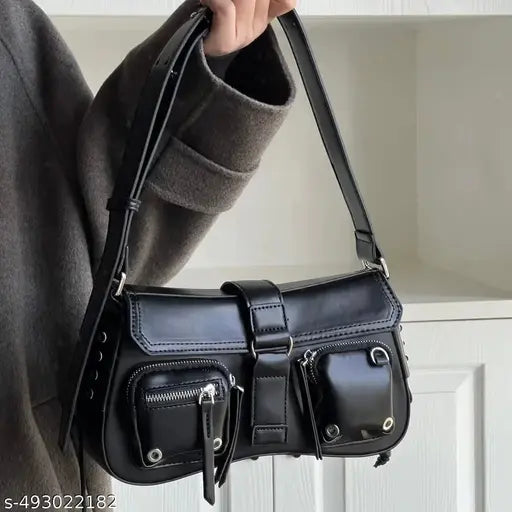 Black Front Double Pocket Decor Crossbody Or Shoulder Bag For Women