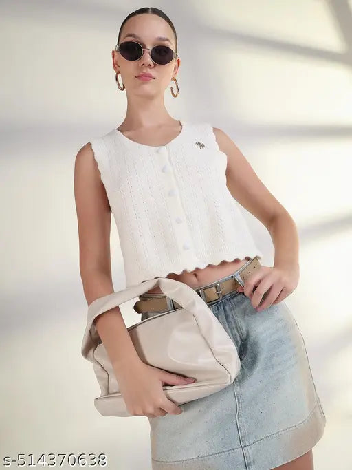 SHOWOFF Women's White V-Neck Solid Crop Top