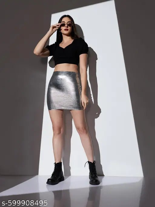 Globus Women Grey Mid-Rise Self Design Stretchable Mini Party Pencil Skirt