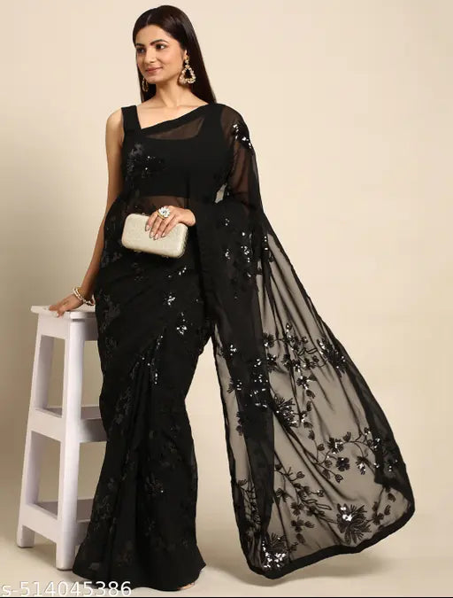 Floral Sequined Work Georgette Fabric Bollywood Style Saree