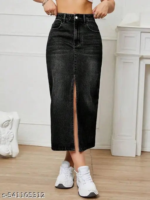 H&H Premium dark  BLACK Whisker Midi DENIM Skirt