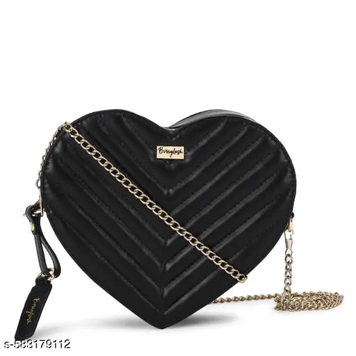 Berrylush Women Solid Black Quilted Pattern PU Detachable Sling Strap Heart Structured Regular Sling Bag