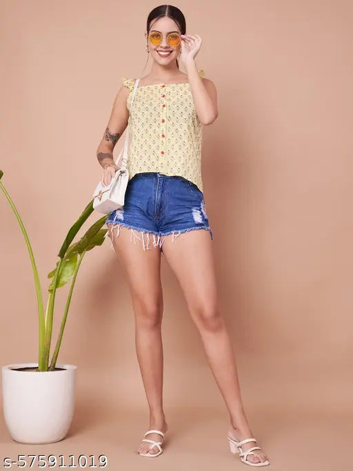 FABRIC FITOOR Trendy Yellow Floral Printed Cotton Sleeveless Women's Top(Yellow)