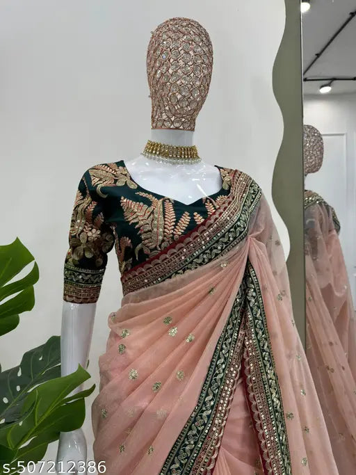 Women's Twil Net Saree With Beautiful Designer unstitched Blouse Piece