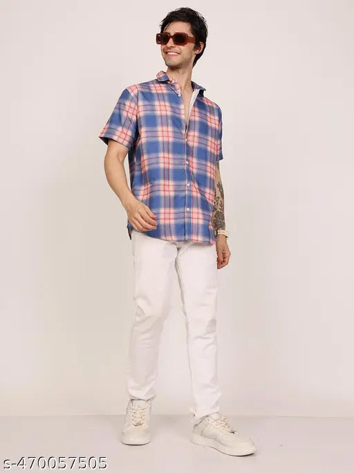 LEOTUDE Men's Checked Regular Spread Collar Blue Shirts