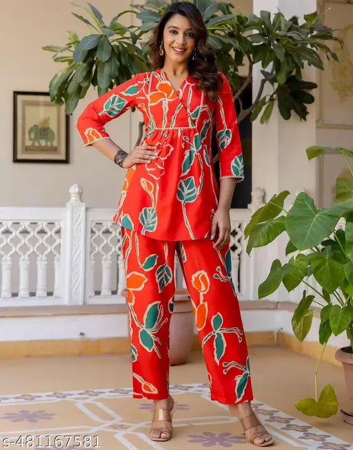 SELVIA Rayon blend Multicolor & Orange Printed Co ords set