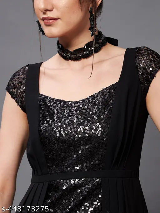 Miss Chase Women's Black Embellished Fit & Flare Maxi Dress