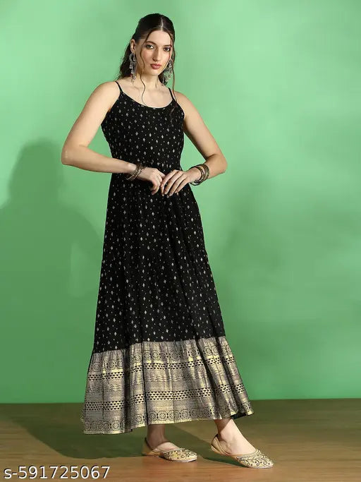 Globus Women Black Strappy Shoulder Gold Foil Ethnic Motifs Smocked Tiered Fit & Flare Maxi Festive Dress