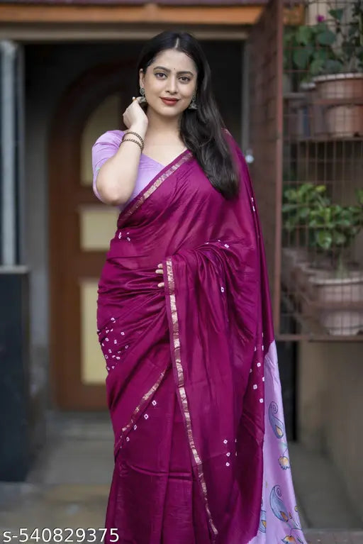 Pure Chanderi Cotton Saree with Zari Pattu Border & Hand-Painted Bandhani Pallu. || Chanderi Saree with Bandhani Tie-Dye, Hand-Painted Pallu & Tassels  || Chanderi Cotton Saree with Zari Border & Matching Hand-Painted Blouse