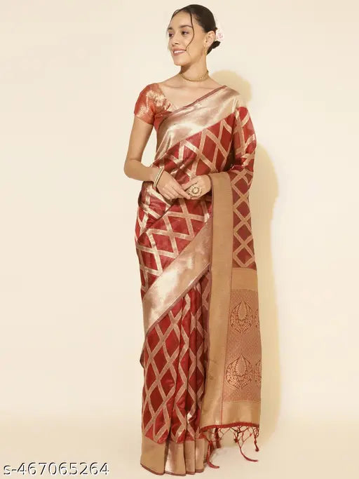 Janasya Women's Maroon Organza  Saree with Unstitched Blouse Piece