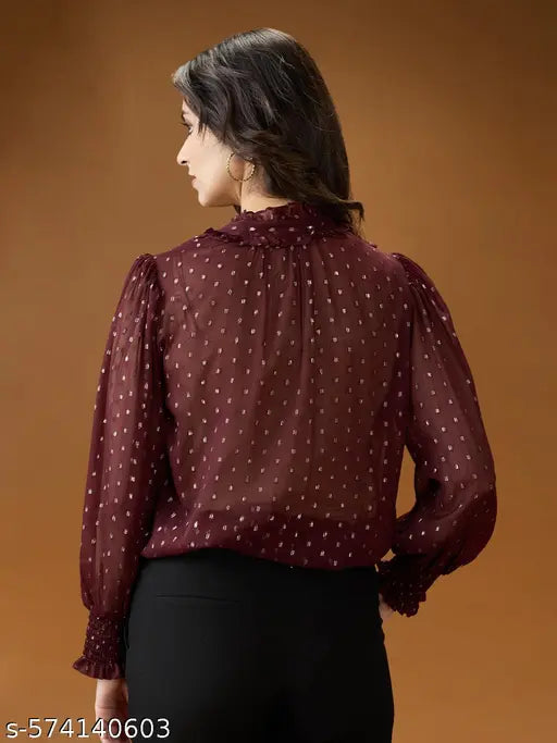 Globus Women Frilled Neck Bishop Sleeves Lurex Detail Georgette Shirt Top