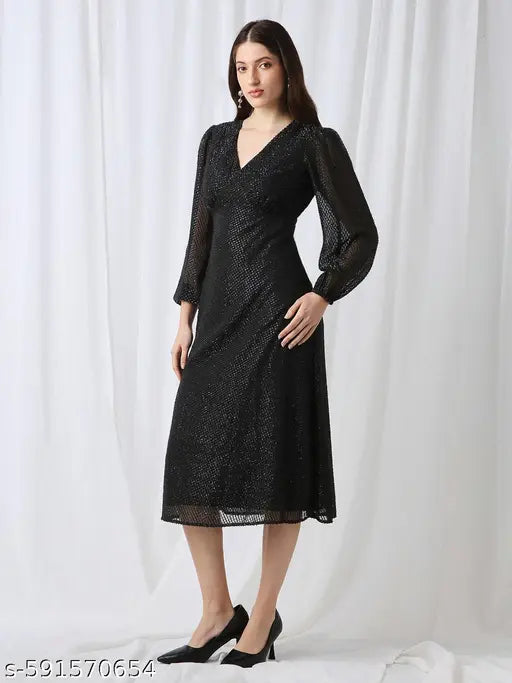 Globus Women Black V-Neck Bishop Sleeves Lurex Detail Georgette Fit & Flare Midi Party Dress