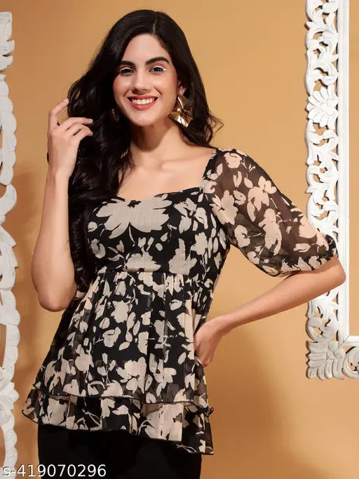 Latest Stylish Printed Peplum Top with Elbow Sleeve and Back Smocking