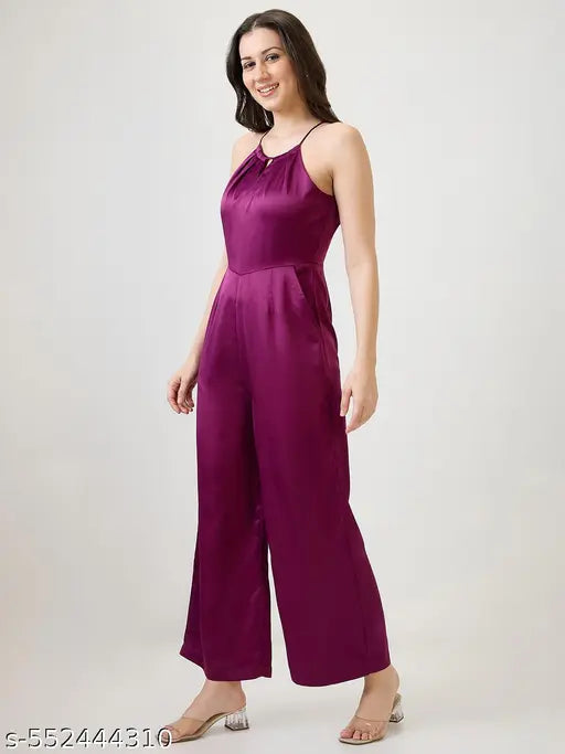 Globus Women Burgundy Satin Halter Neck Wide Leg Party Jumpsuit
