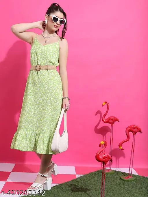 Ketch Women Lime Green Printed Waist Dress
