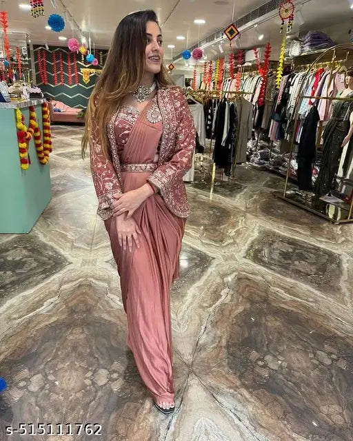 Japan Satin Silk Fancy Thread Work With Sequence Work  Ready To Wear Saree