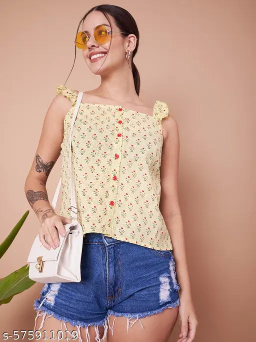 FABRIC FITOOR Trendy Yellow Floral Printed Cotton Sleeveless Women's Top(Yellow)