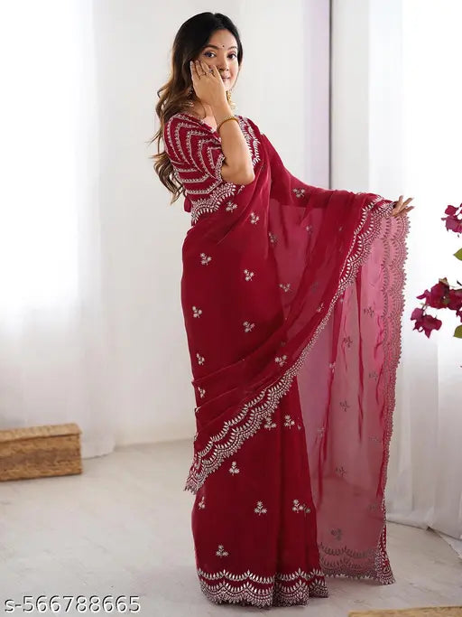 SATRANI Tissue Silk Red Saree with Tissue Silk Blouse