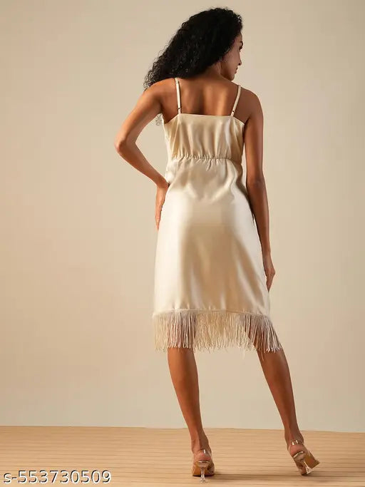 Globus Women White Neck Strappy Shoulder Pleated Fringed Tulip Hem Bodycon Party Dress