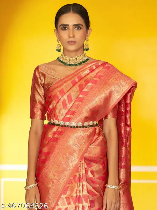 Janasya Women's Pink Organza Woven Geometric Design Saree with Unstitched Blouse Piece