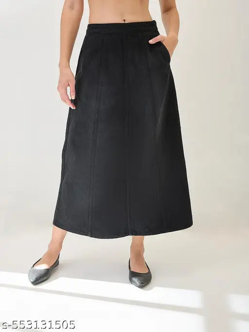 Globus Women Black Mid Rise Panelled A-Line Midi Denim Skirt