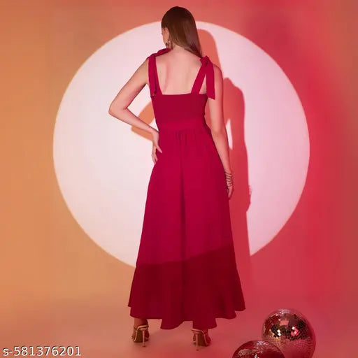 Berrylush Women Solid Red Square Neck Waist Tie-Up Cutout Georgette Thigh-High Slit Flared A-Line Maxi Dress