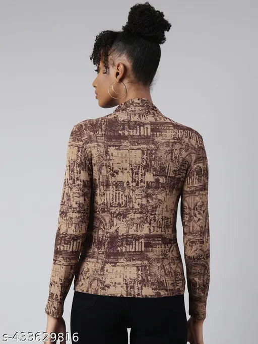 SHOWOFF Women's Abstract High Brown Regular Top