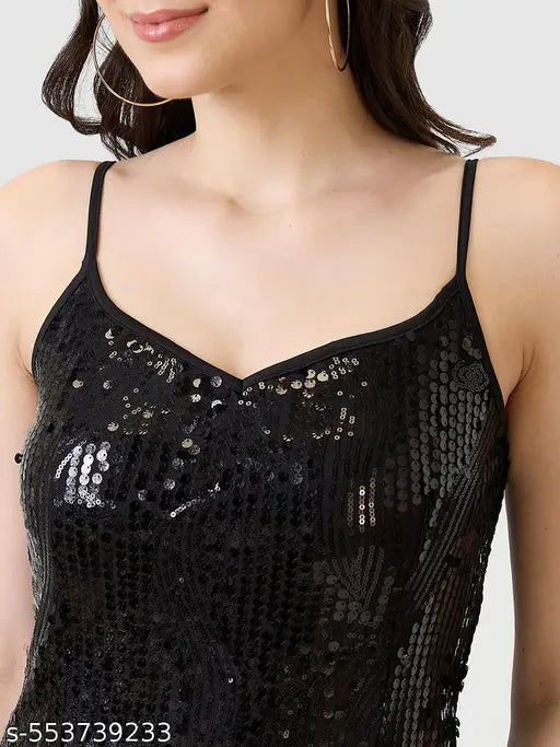 Globus Women Black Neck Adjustable Strappy Sleeves Sequinned Mini Bodycon Party Dress