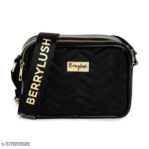 Berrylush Women Solid Black Non-Detachable Strap PU Quilted Crossbody Sling Bag