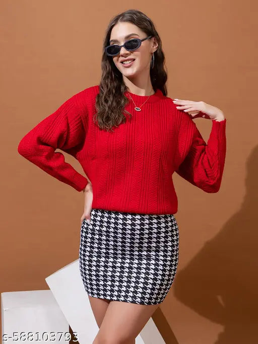 Wear lusso Women Round Neck Solid Full Sleeve Woolen Winter Pullover Red Sweater